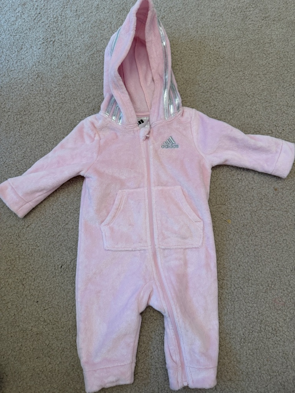 adidas Pink Hooded Plush Baby One-Piece Footie with Silver Trim